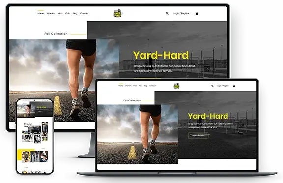 A responsive website displayed on multiple devices, including desktop, tablet, and smartphone screens