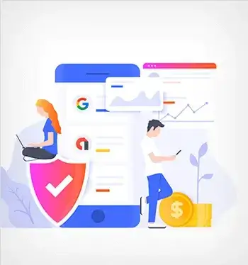 Representing pay-per-click advertising with keyword icons, ad copy, and click-through rate graphs.
                                                    